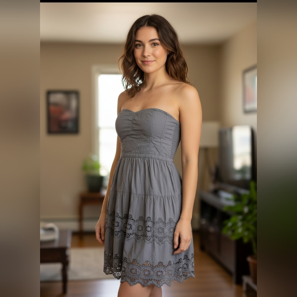 Strapless Gray Eyelet Tiered Sundress